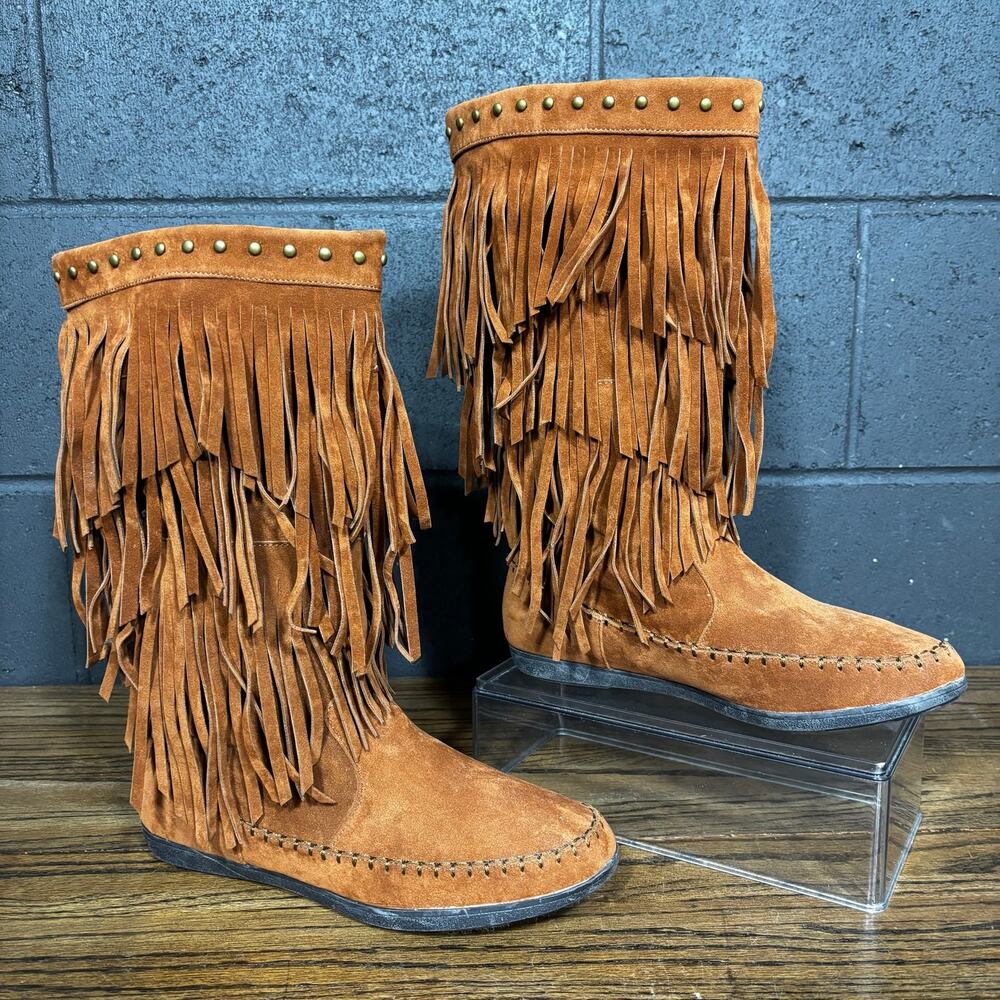 Rampage Women’s 8.5 Brown Fringe Moccasin Boots Studded Boho Western